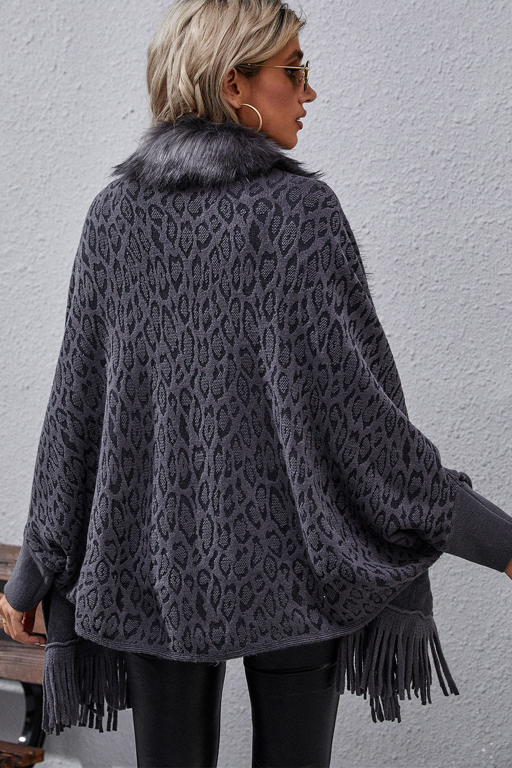 Faux Fur Knit Leopard Print Fringe Bottom Long Sleeve Cardigan Poncho