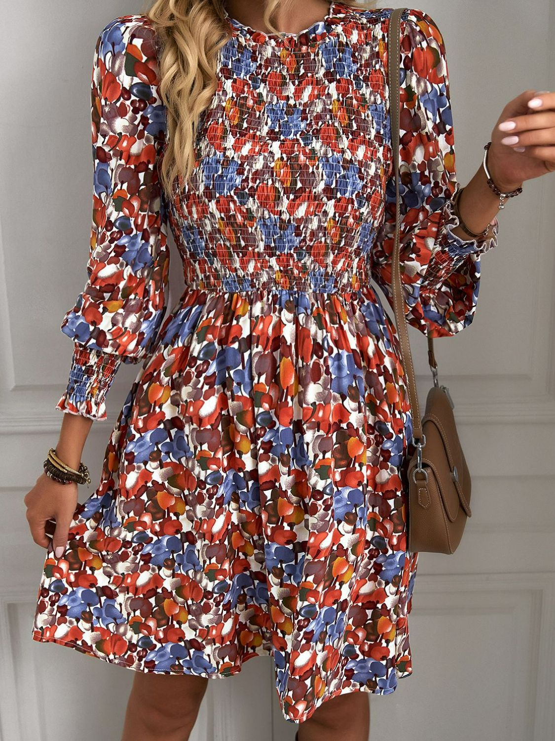 Fun Print Puff Long Sleeve Smocked Dress (4 Colors Available)