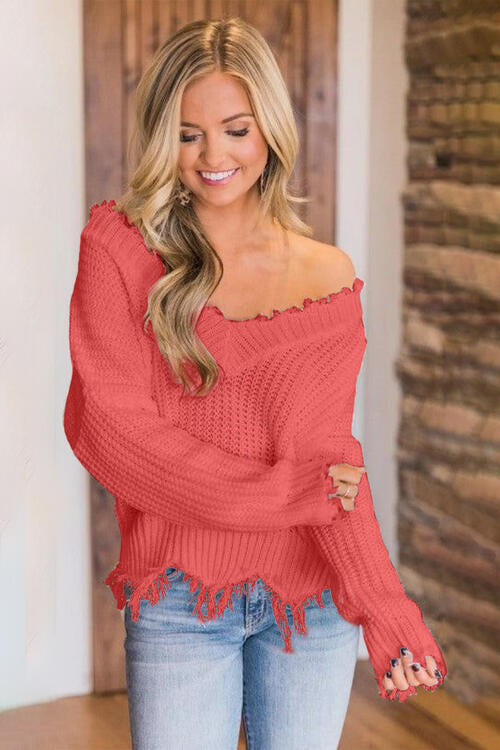 Distressed Raw Hem Off Shoulder Wide Neck Long Sleeve Waffle Knit Sweater Shirt