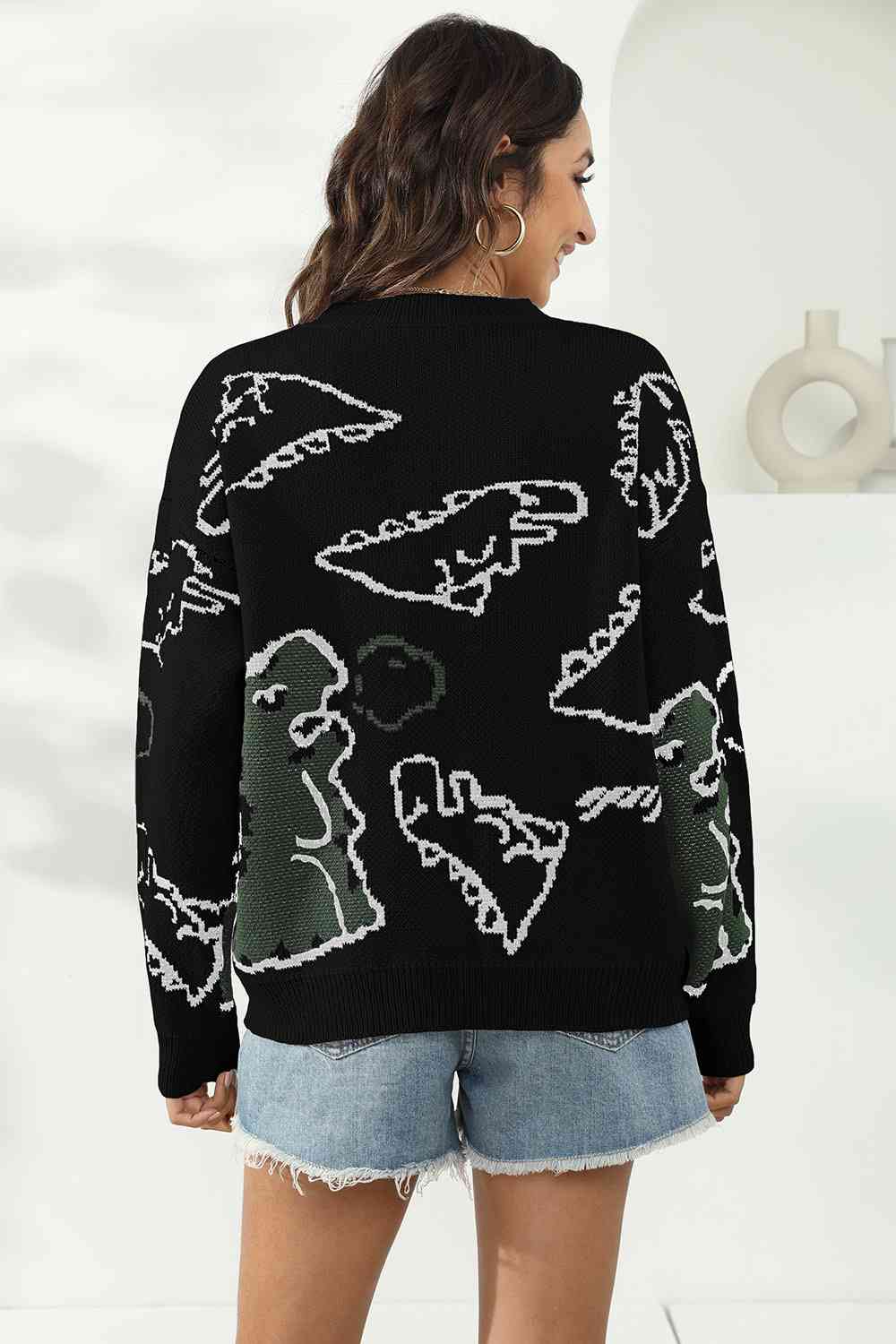 Knit Dinosaur Print Round Neck Long Sleeve Oversized Fun Pullover Sweater