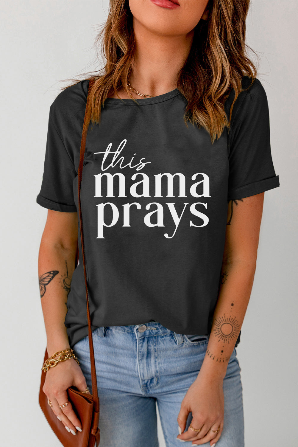 THIS MAMA PRAYS Shirt Cuffed Short Sleeve Graphic Black Top