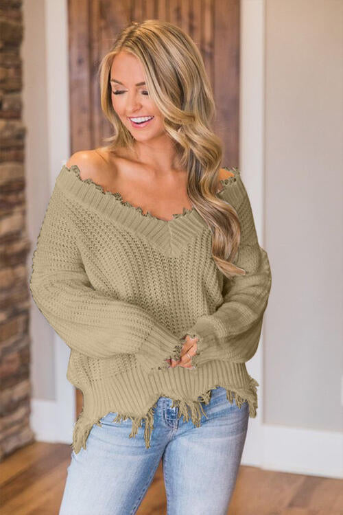 Distressed Raw Hem Off Shoulder Wide Neck Long Sleeve Waffle Knit Sweater Shirt