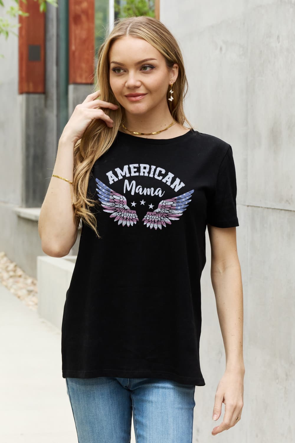 USA "AMERICAN MAMA" Patriotic Flag Wings 100% Cotton Short-sleeve Tee Shirt