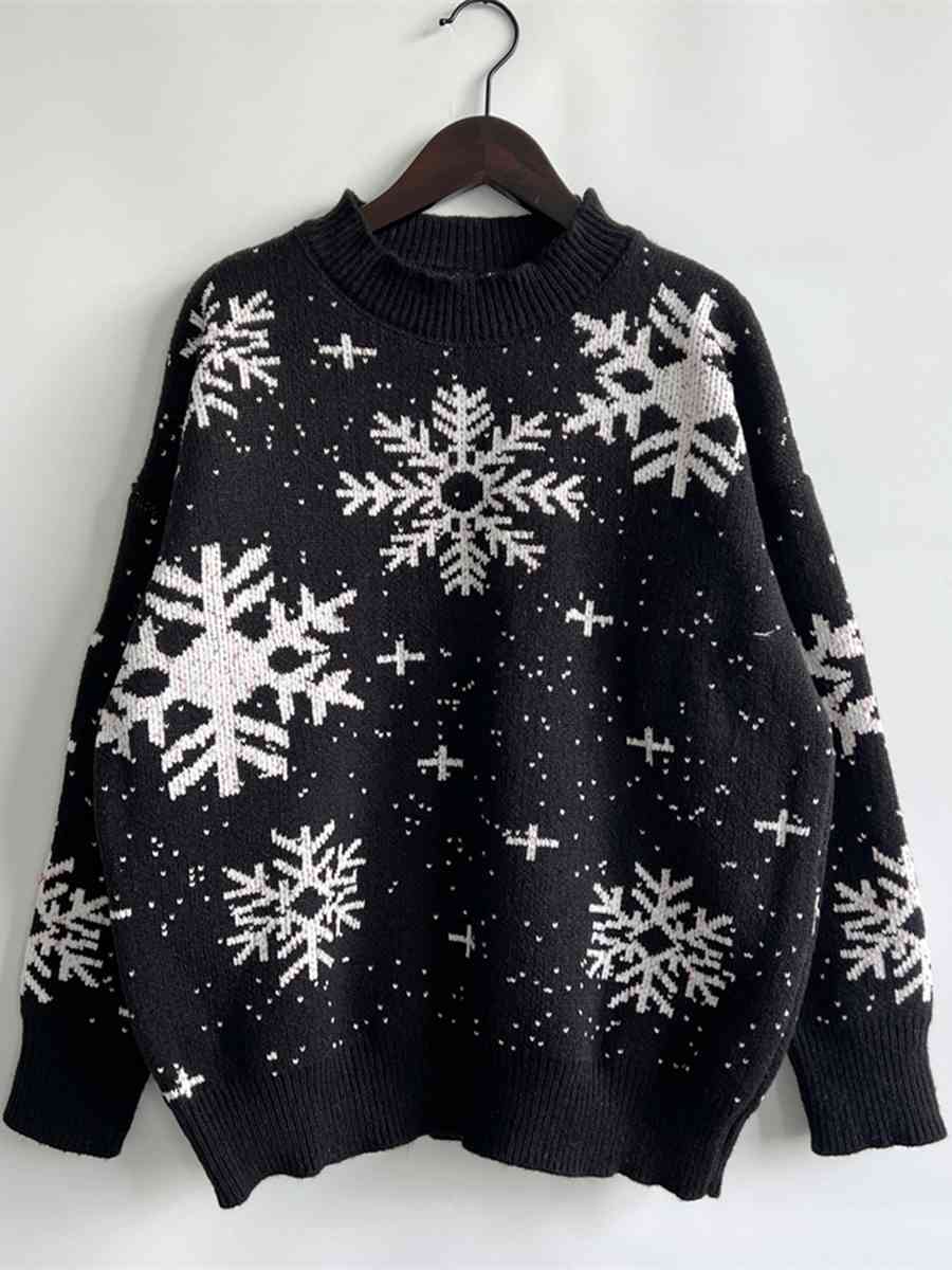 Color Contrast Snowflake Round Neck Long Sleeve Minimalist Winter Sweater