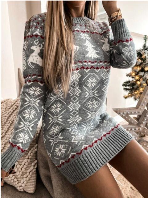 Fair Isle Winter Reindeer Snowflake Classic Knit Long Sleeve Mini Sweater Dress