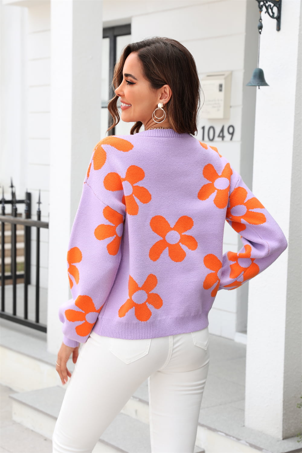 Flower Power Retro Floral Knit Round Neck Long Sleeve Oversized Pullover Sweater