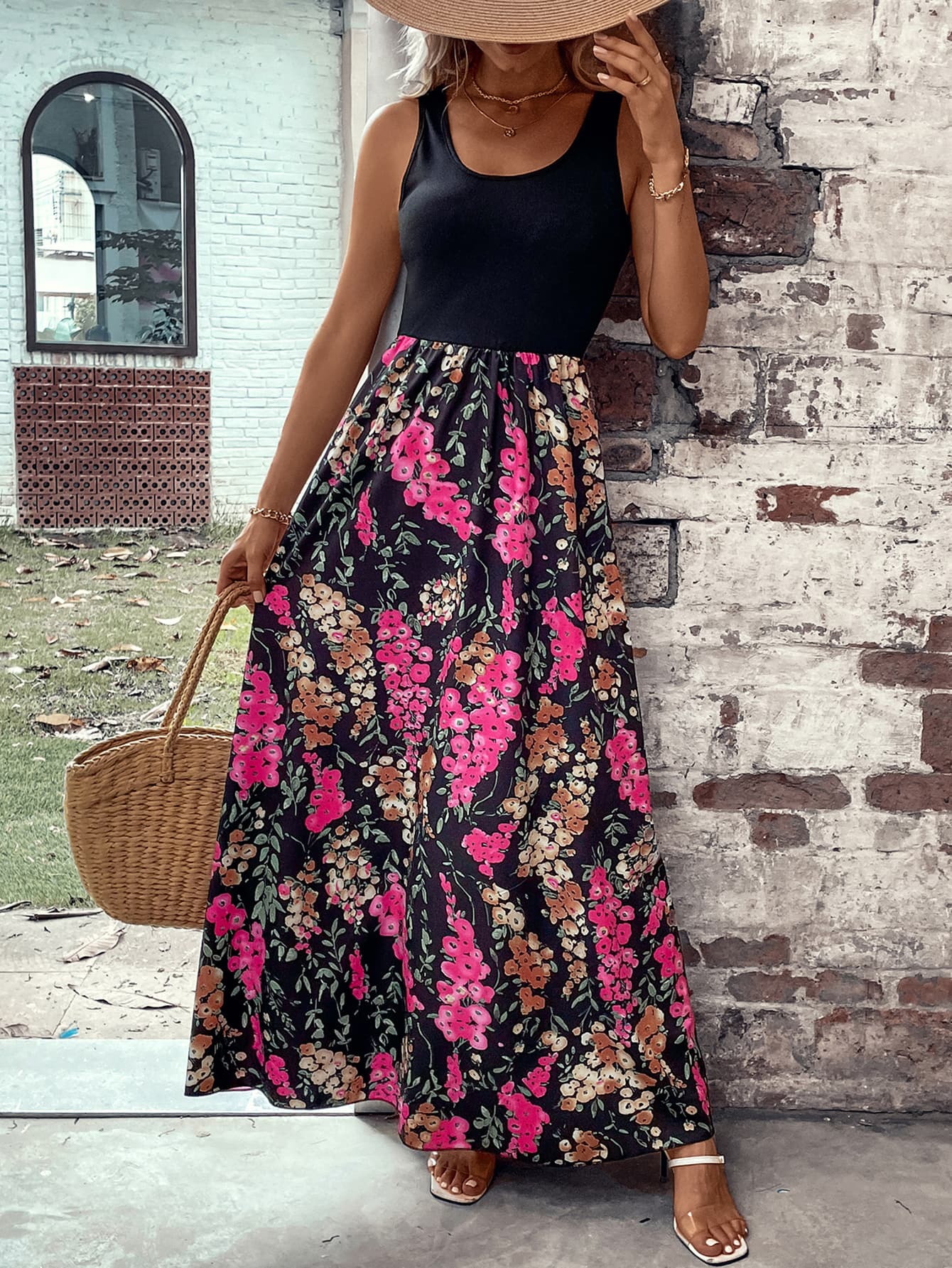 Color Block Bright Pink Floral Scoop Neck Sleeveless Maxi Dress