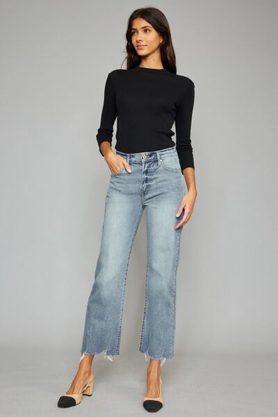 KanCan High-Rise Waist Raw Distressed Cropped Hem Wide Leg Mom Denim Jean Pants