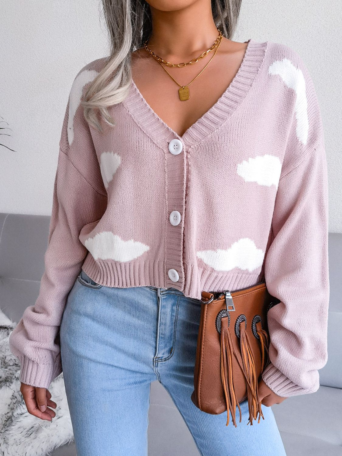Cloud Print Cropped Classic Knit Button Front Retro Long Sleeve Cardigan