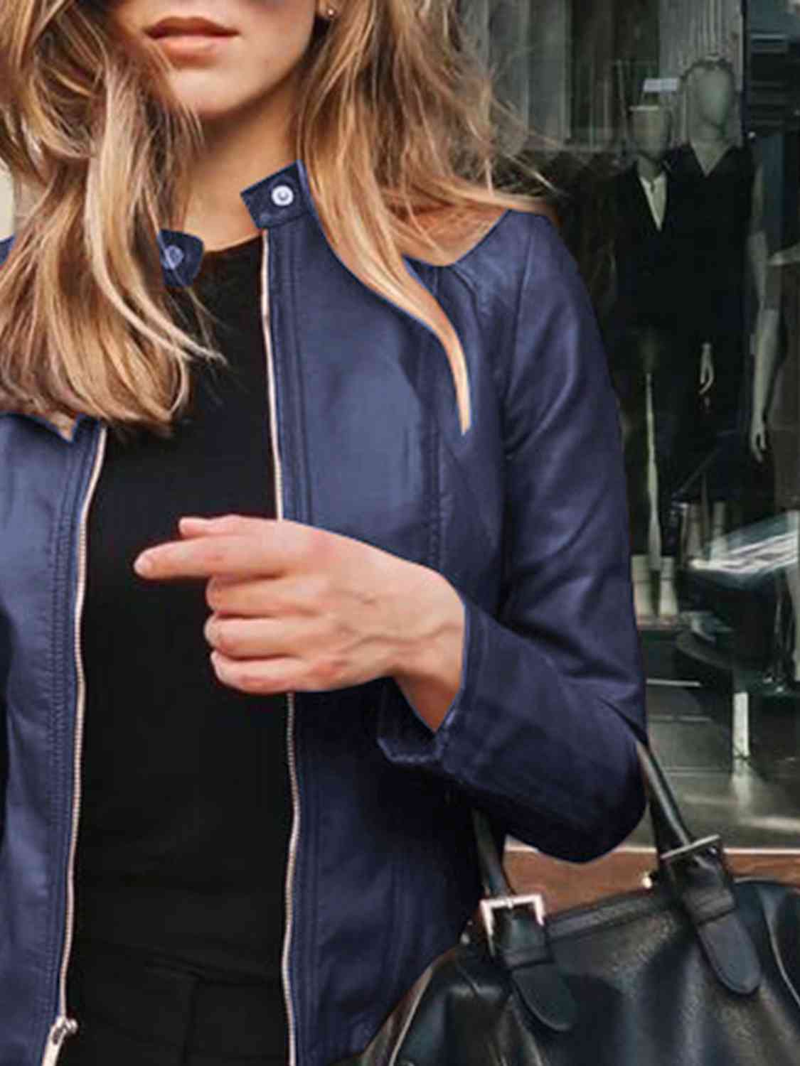 Chic Moto Vegan Leather Jacket Zip-up Sleek Snap Mock Neck
