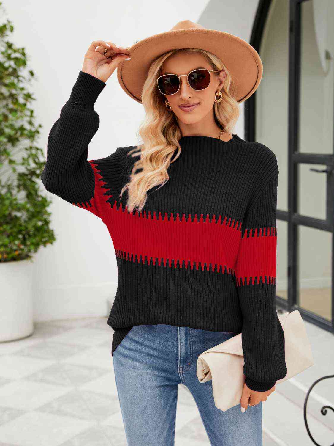 Contrasting Color Block Ribbed Knit Long Sleeve Patchwork Minimalist Sweater