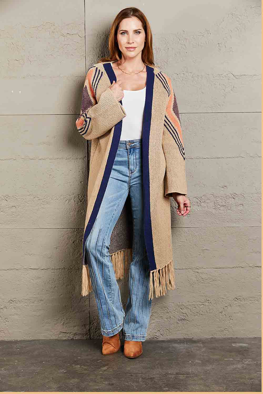 Fringe Retro Geometric Knit Cardigan Sleeve Colorful Open Front Sweater Duster