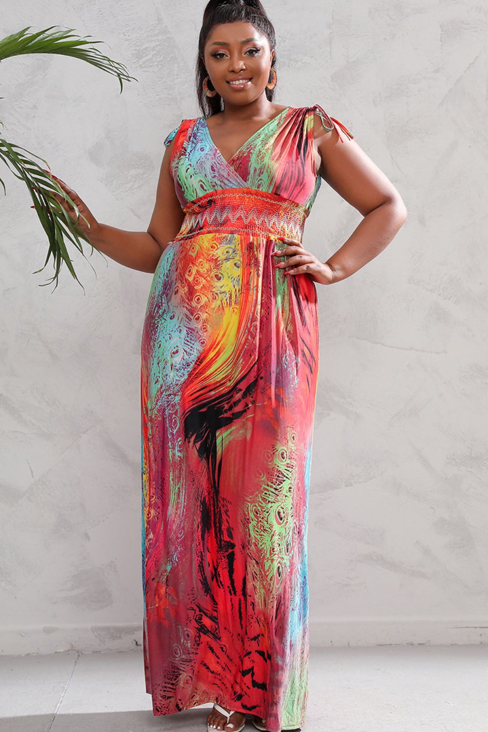 Tie-dye Peacock Sleeveless Smocked Waist Maxi Dress Large-5X Curvy Size Only