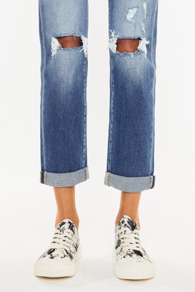 KanCan High-Rise Waist Distressed Denim Cuff Cropped Hem Straight Leg Jean Pants