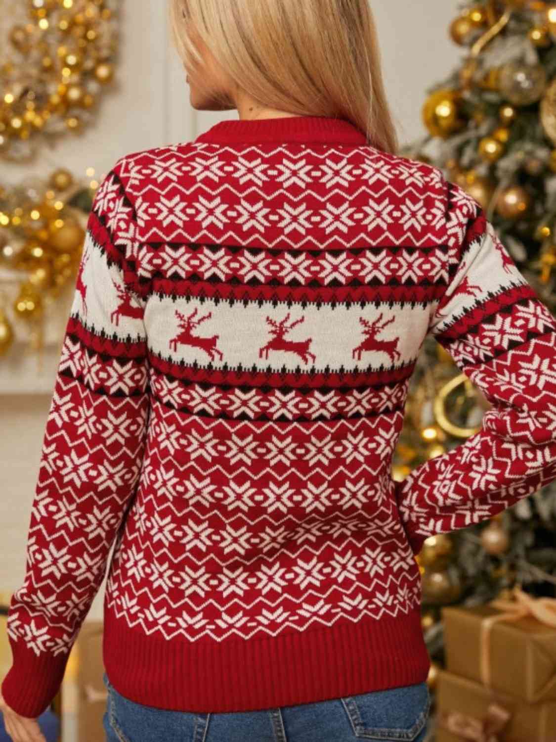 Red Fair Isle Snowflake Reindeer Knit Round Neck Minimalist Classic Sweater