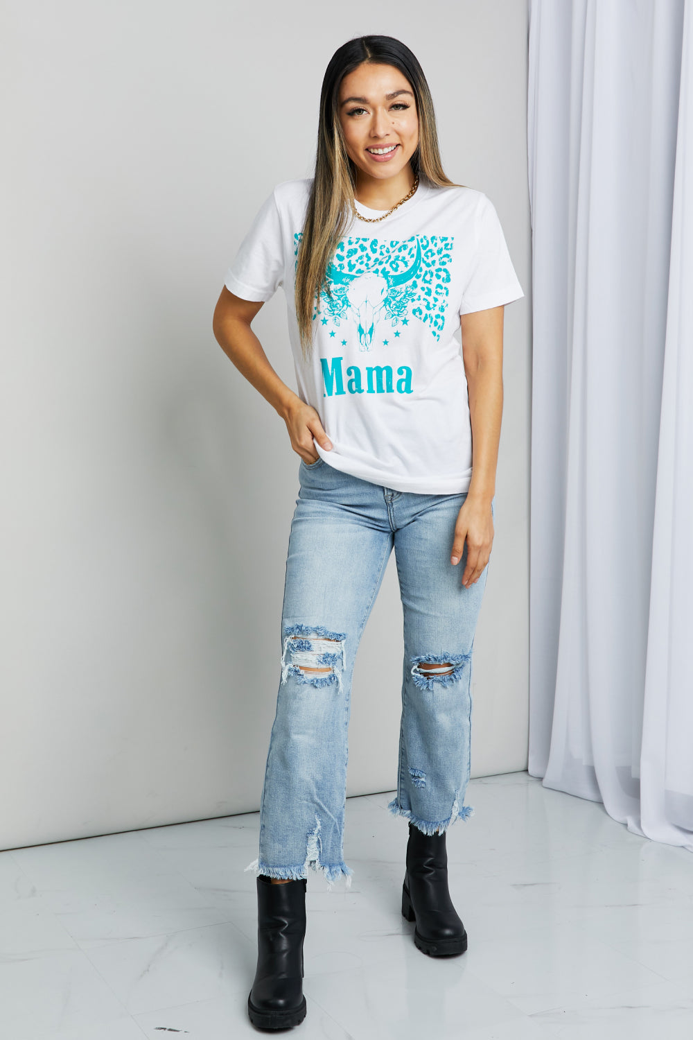 Western MAMA Graphic Teal Bull Horn 100% Cotton Tee Shirt (Plus Size Available)