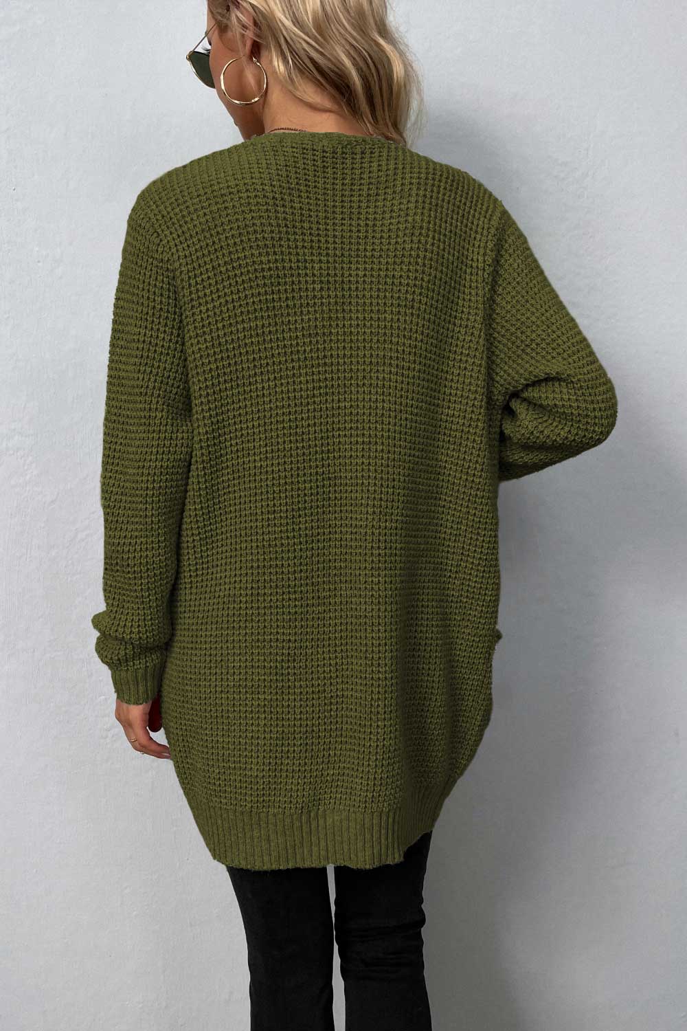 Waffle Knit Longline Open Front Sweater Pocket Cardigan