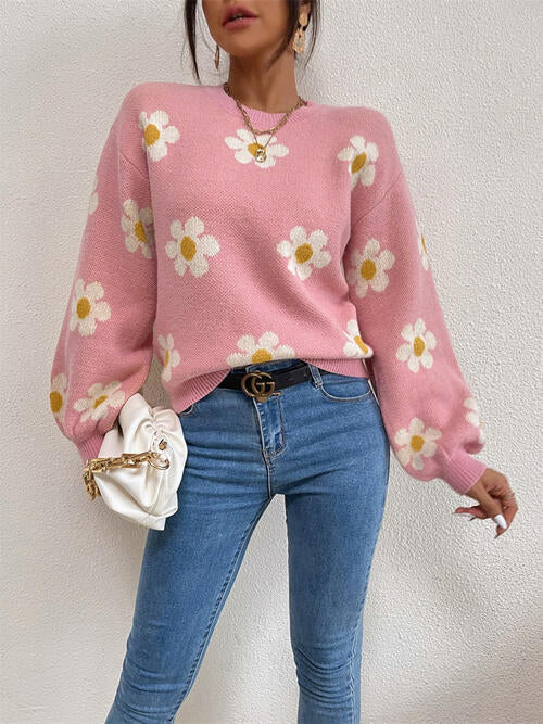 Daisy Retro Flower Knit Pullover Classic Long Lantern Sleeve Sweater Shirt