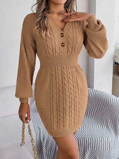 Cable Waffle Knit Blend Sweater Dress Buttoned V-neck Long Sleeve Mini