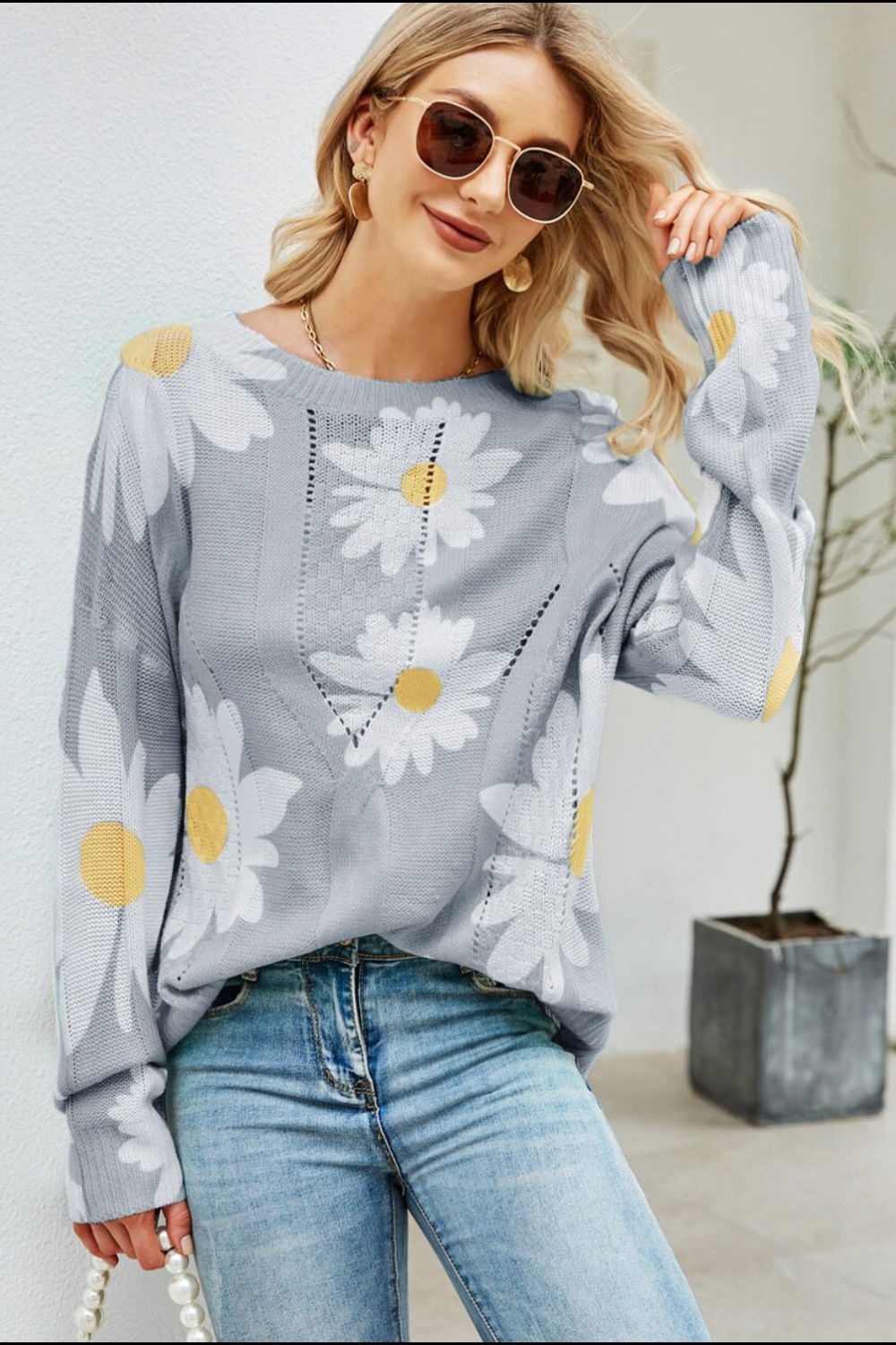 Daisy Knit Print Openwork Detail Lightweight Sweater