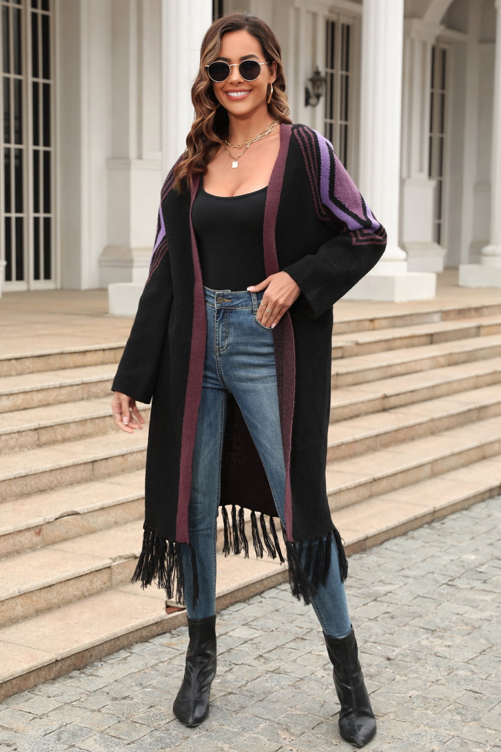 Fringe Retro Geometric Knit Cardigan Sleeve Colorful Open Front Sweater Duster