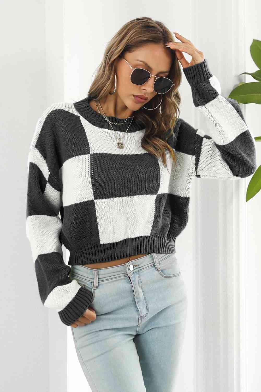 Checker Color Block Knit Crop Top Round Neck Long Sleeve Minimalist Sweater Shirt