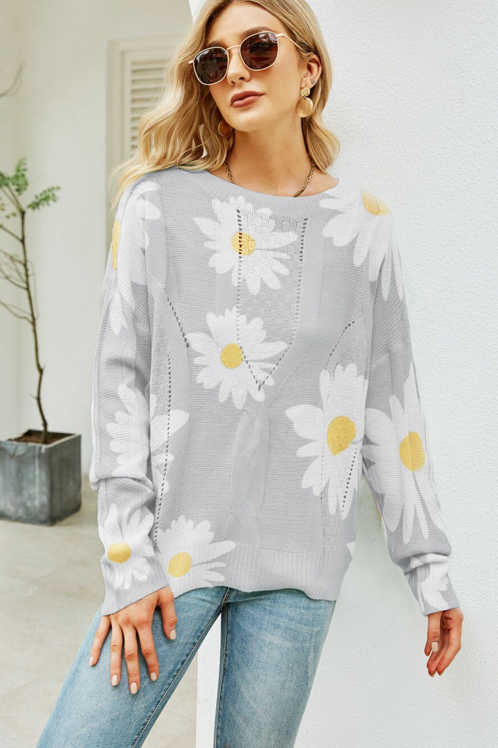 Daisy Knit Print Openwork Detail Lightweight Sweater