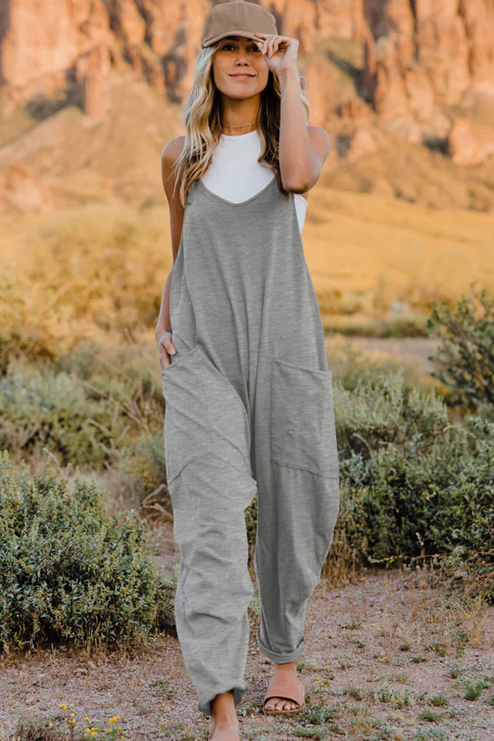 Oversized Hippie V-Neck Sleeveless Pant Pocket Jumpsuit