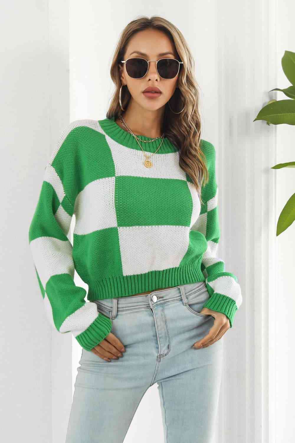 Checker Color Block Knit Crop Top Round Neck Long Sleeve Minimalist Sweater Shirt