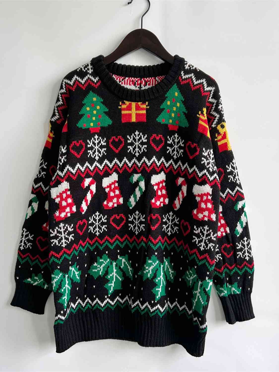 Festive Knit Santa Candy Canes Trees Round Neck Holiday Sweater Top
