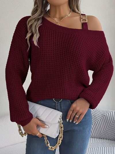 Waffle Knit Cold Shoulder Asymmetrical Gold Accent Long Sleeve Sweater Shirt