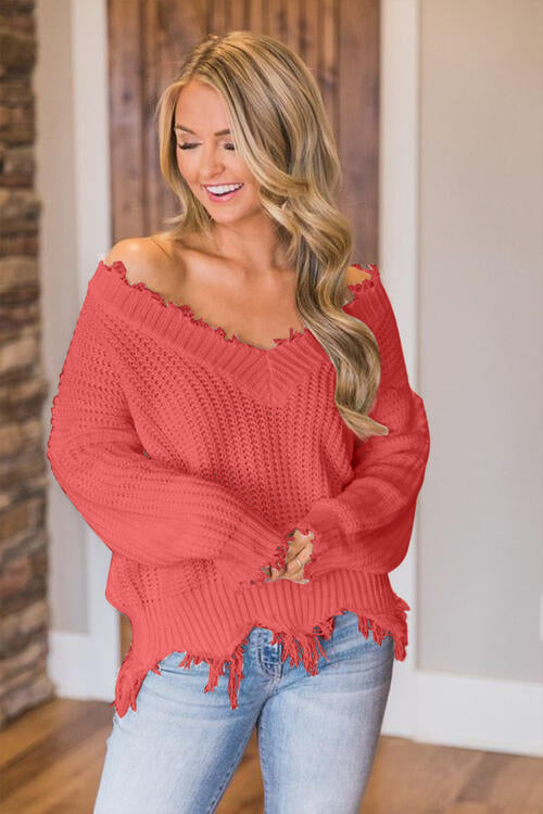 Distressed Raw Hem Off Shoulder Wide Neck Long Sleeve Waffle Knit Sweater Shirt