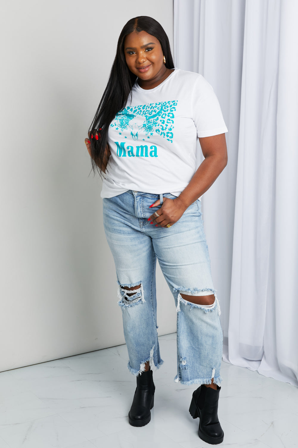 Western MAMA Graphic Teal Bull Horn 100% Cotton Tee Shirt (Plus Size Available)