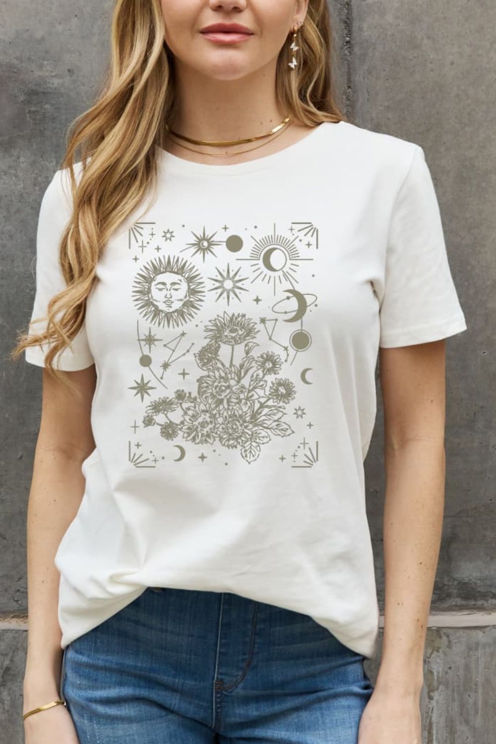 Celestial Moon Sun Stars Graphic Short Sleeve 100% Cotton Tee Shirt (Plus Size Available)