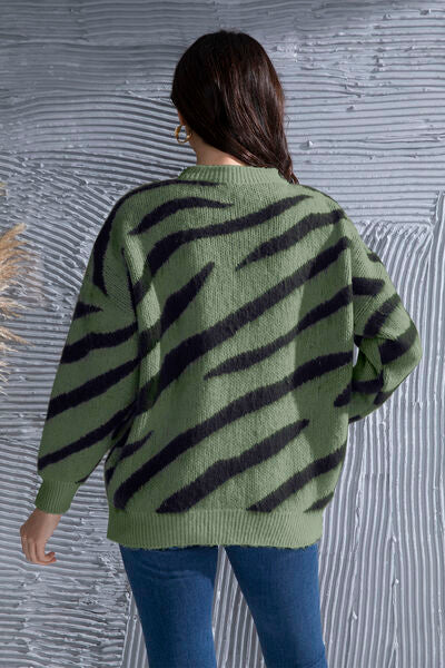 Zebra Stripe Animal Print Long Sleeve Round Neck Oversized Sweater Shirt