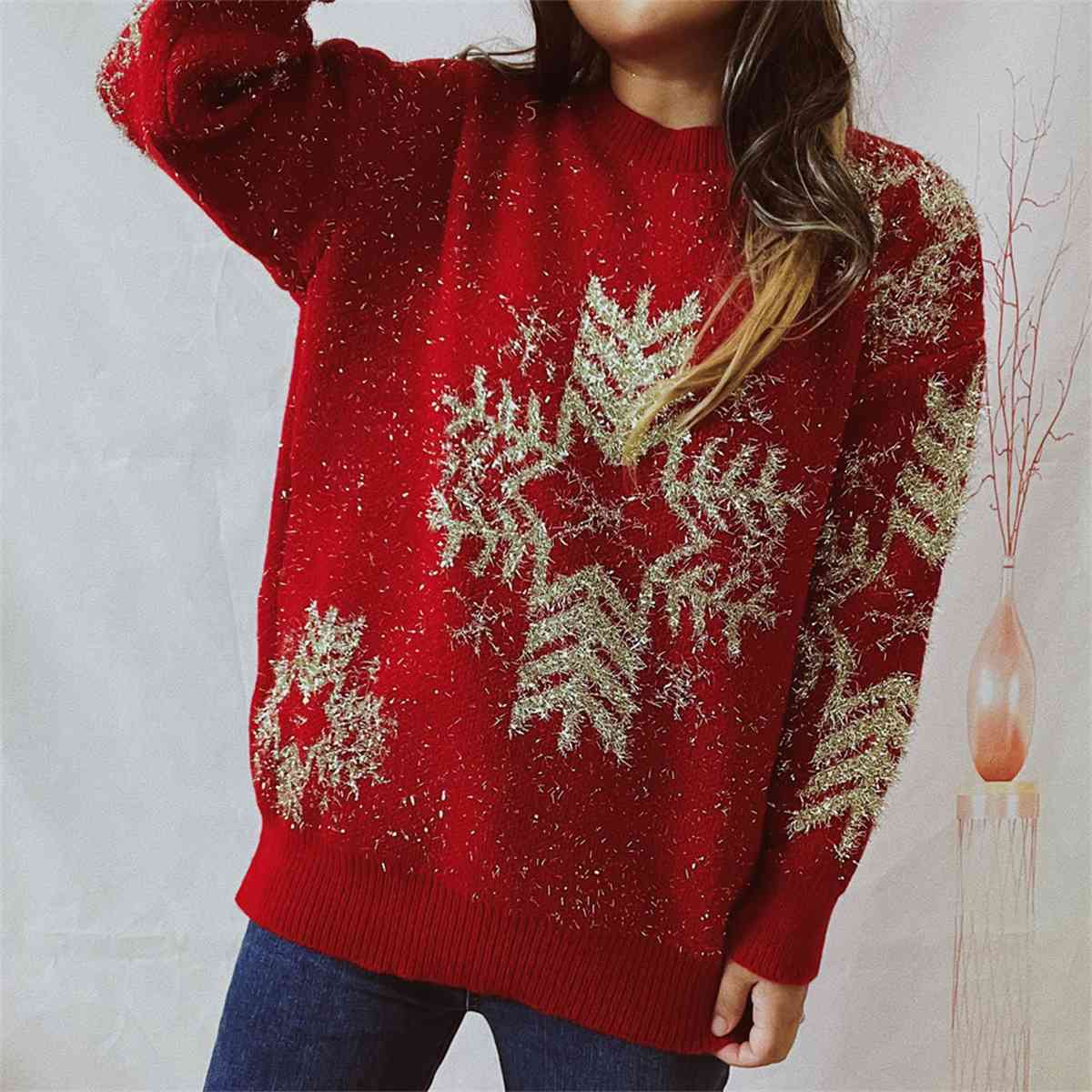 Fuzzy Contrasting Snowflake Knit Round Neck Classy Minimalist Winter Sweater