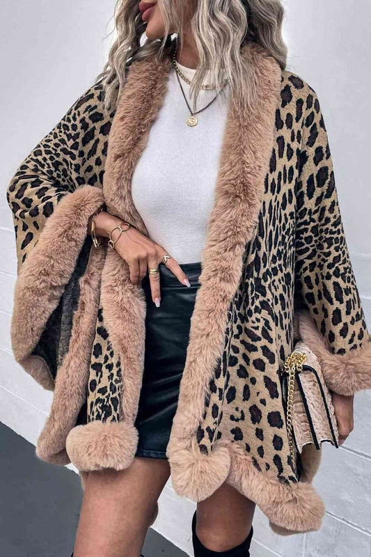 Large Leopard Plush Faux Fur Heavy Cardigan Oversized Sweater Poncho Jacket