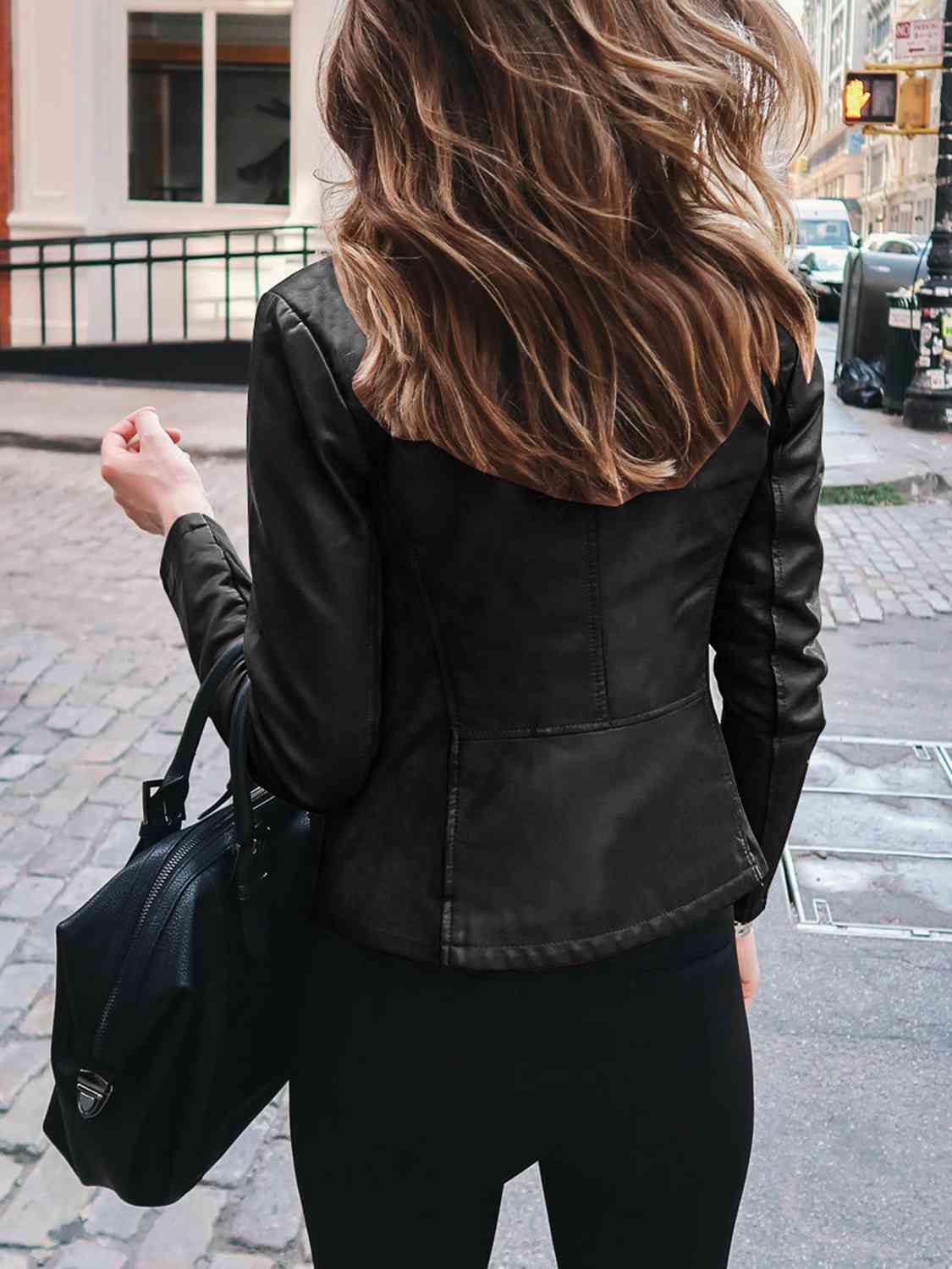 Chic Moto Vegan Leather Jacket Zip-up Sleek Snap Mock Neck