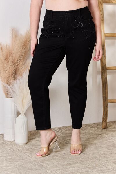 Black Rhinestone Accent Skinny Slim Fit Denim High Rise Waist Jean Pants