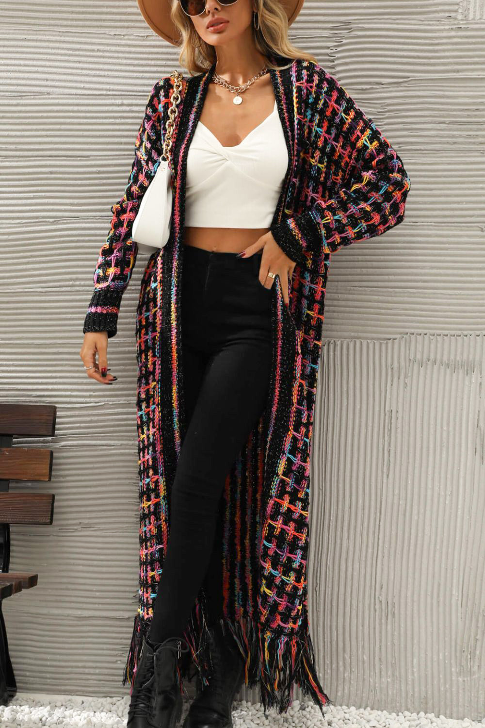 Retro Knit Bold Colorful Open Front Fringe Hem Longline Duster Sweater Cardigan