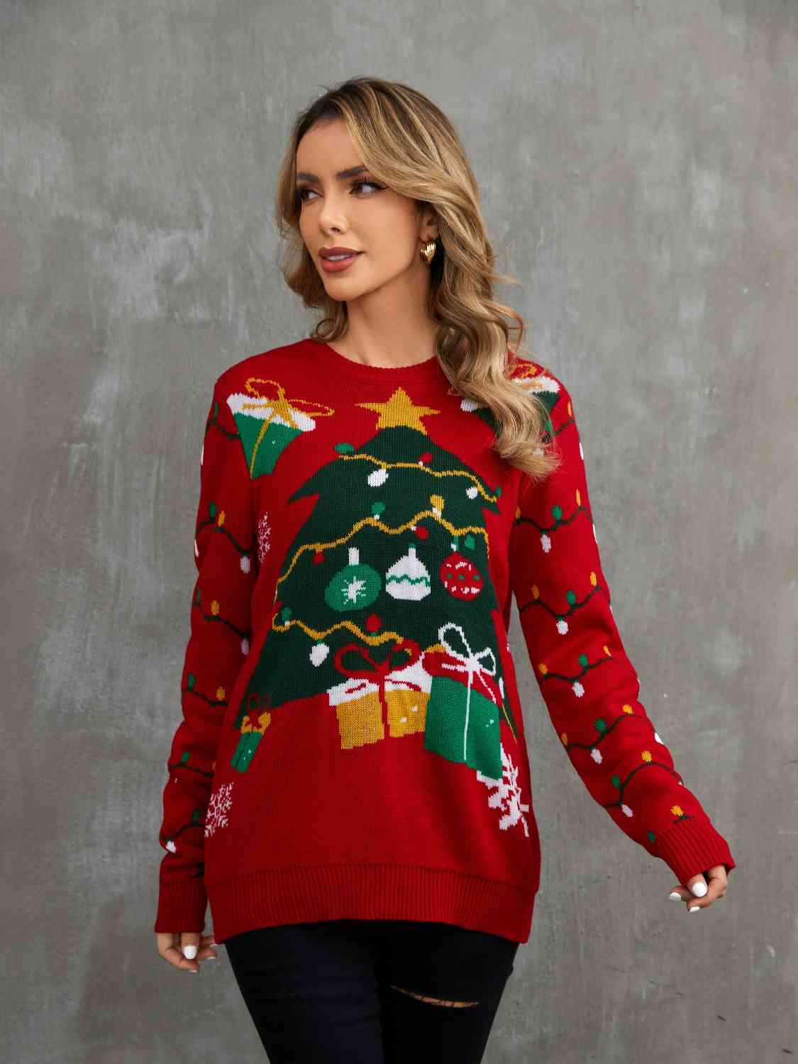 Bold Knit Christmas Tree Lights Round Neck Classy Holiday Winter Sweater
