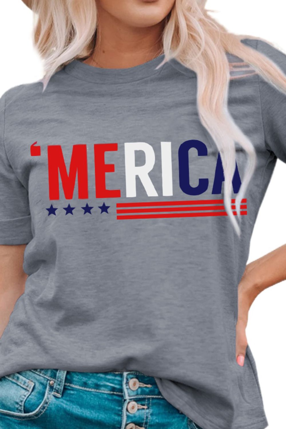 MERICA Letter Graphic American Crewneck Tee Shirt (Plus Size Available)