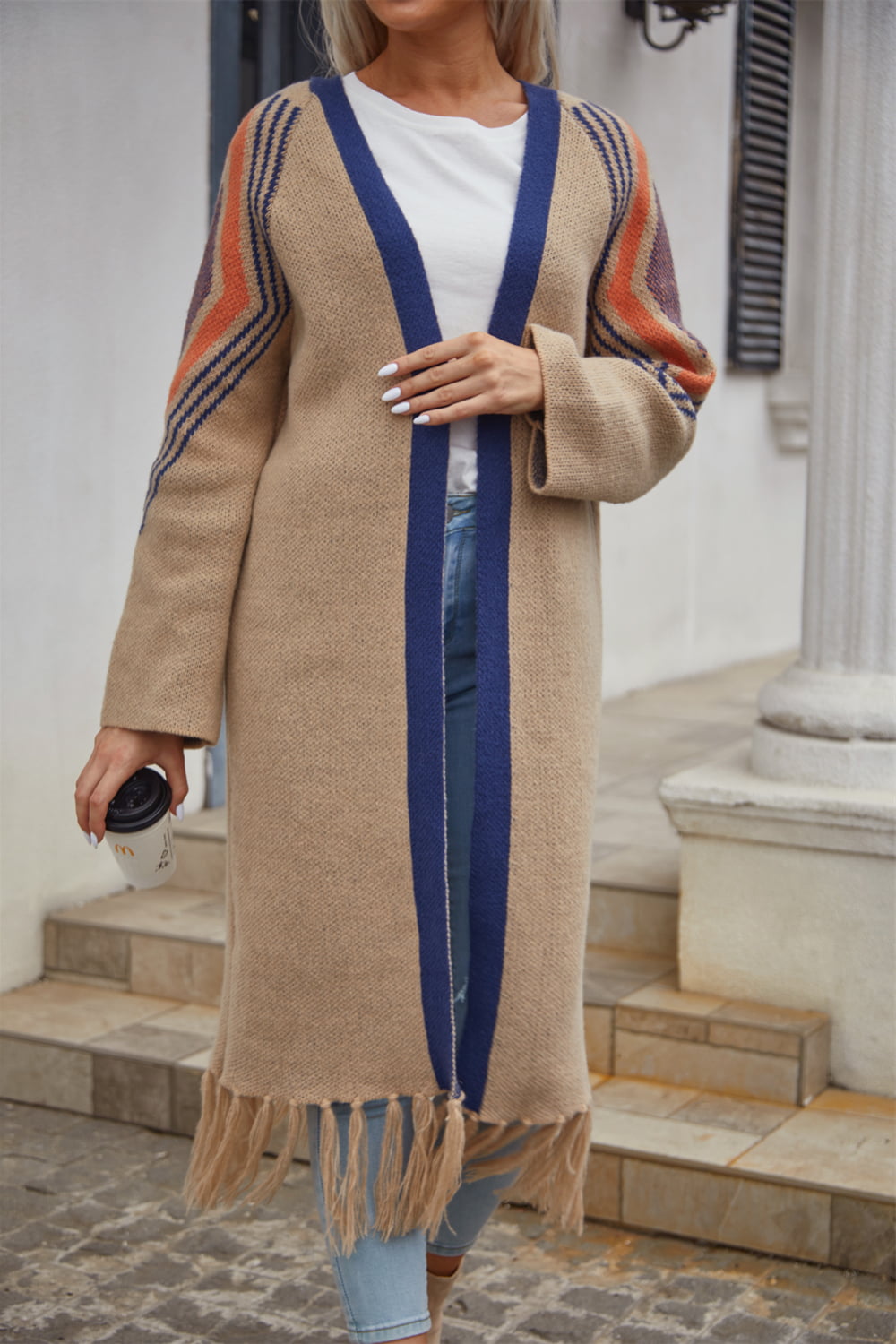 Fringe Retro Geometric Knit Cardigan Sleeve Colorful Open Front Sweater Duster