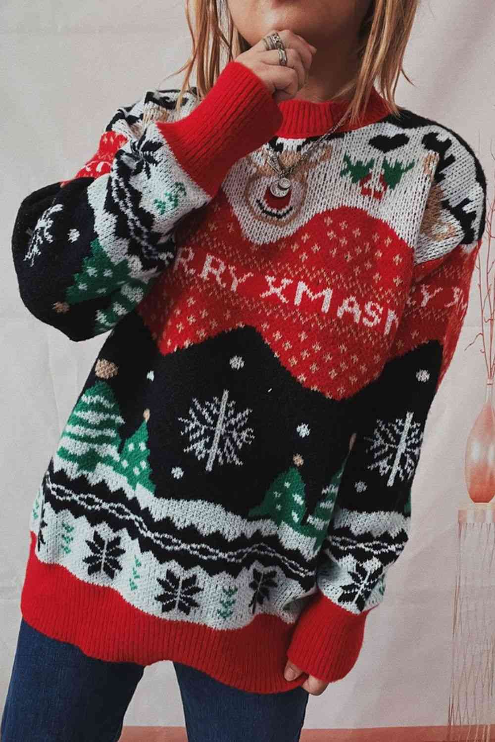 Merry Xmas Red Nose Reindeer Knit Round Neck Holiday Fair Isle Christmas Night Sweater