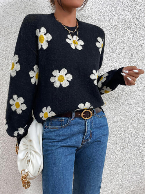 Daisy Retro Flower Knit Pullover Classic Long Lantern Sleeve Sweater Shirt