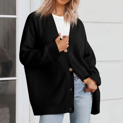 Ribbed Knit Oversized Button Front Classic Long Sleeve Button Front Cardigan