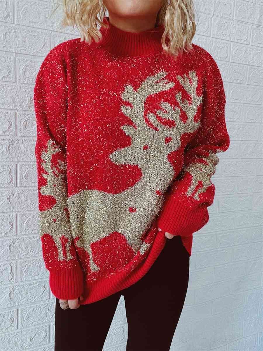 Fuzzy Red Gold Bold Knit Round Neck Classy Holiday Christmas Winter Sweater