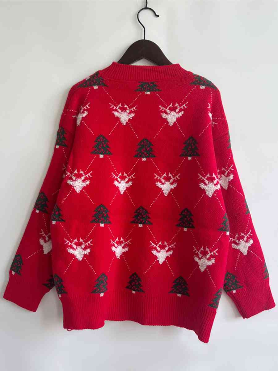 Fuzzy Shag Knit Reindeer Tree Argyle Round Neck Winter Soft Print Sweater