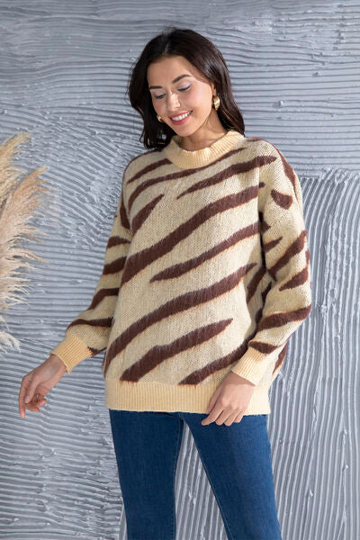 Zebra Stripe Animal Print Long Sleeve Round Neck Oversized Sweater Shirt