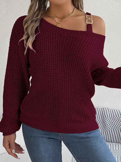 Waffle Knit Cold Shoulder Asymmetrical Gold Accent Long Sleeve Sweater Shirt